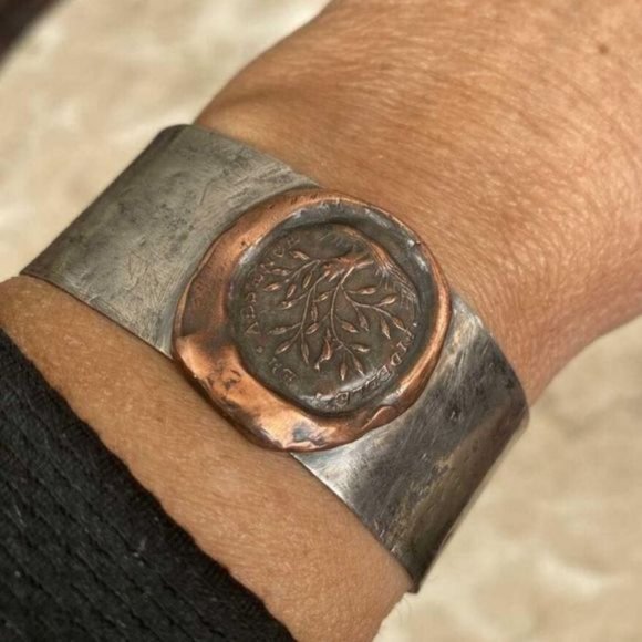 Rare?Pyrrha Fidelity Wide Heavy Sterling Silver & Bronze Cuff Bracelet - Picture 2 of 4